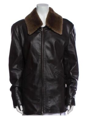 Burberry Dark Brown Leather Jacket with Brown Fur Collar